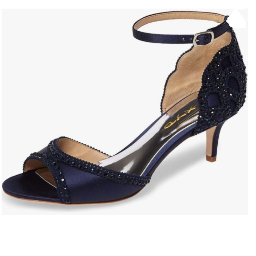 XYD Navy Open Toe Rhinestones Ankle Strap Sandals Low Heel Bridal Evening Shoes